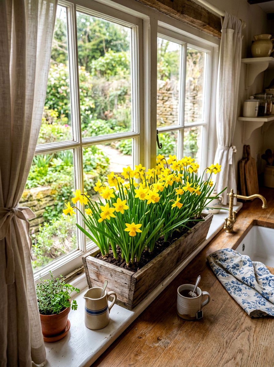 Daffodil window box - 25 Spring Faux Flower Arrangement Ideas
