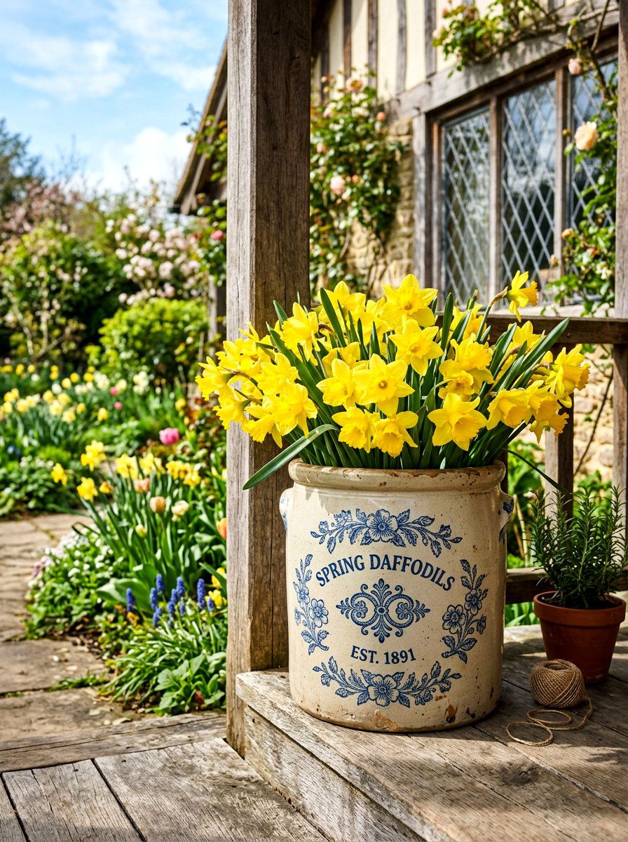 Daffodils In Vintage Crocks - 25 Spring Forced Bulb Ideas