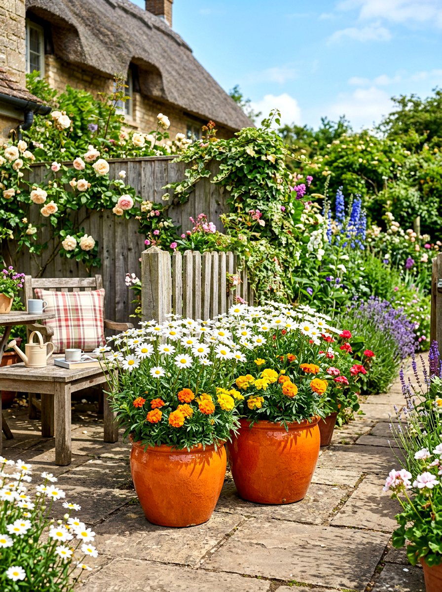 Daisy And Marigold Containers - 25 Spring Patio Planter Arrangement Ideas