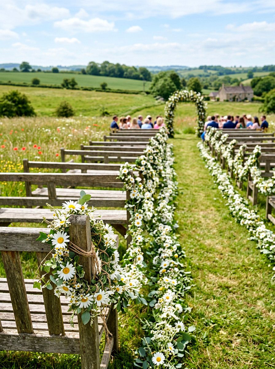 Daisy Chain Pew Swags - 25 Spring Wedding Pew Decor Ideas