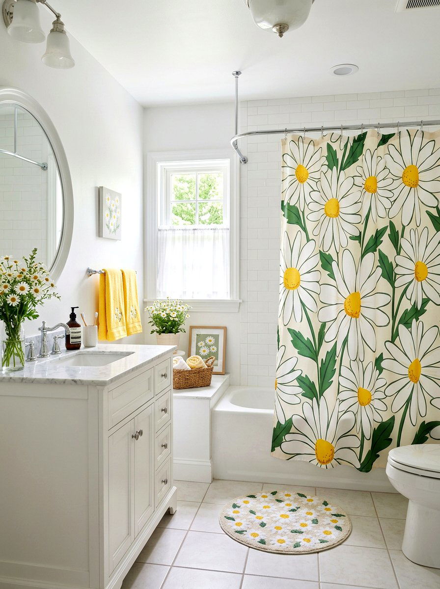 Daisy Print Bathroom - 25 Spring Shower Curtain Ideas