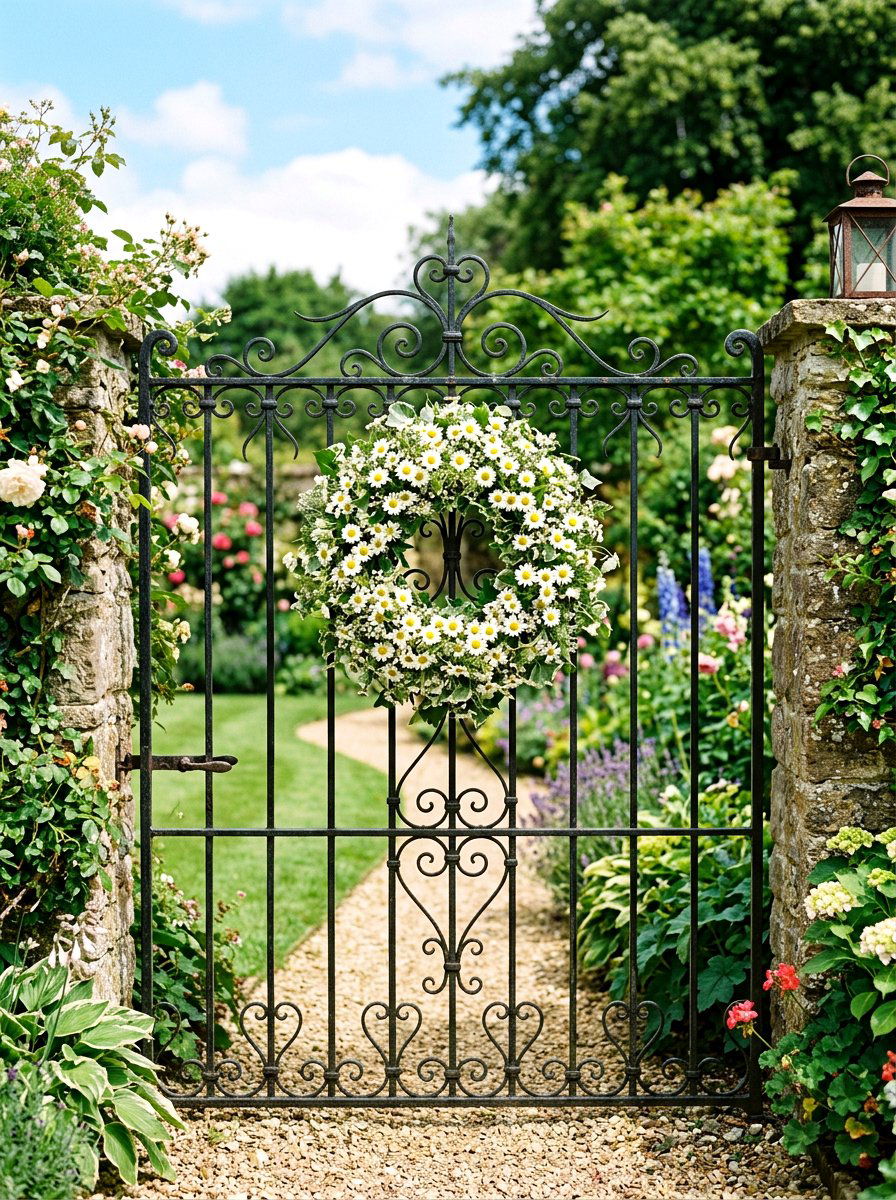 Daisy Wreath For Gate - 25 Spring Iron Gate Decor Ideas