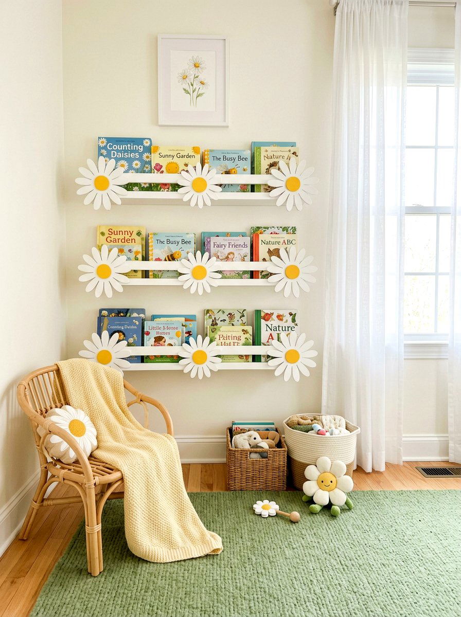 Daisy flower book ledge - 25 Spring Bookshelf Ideas for Kids