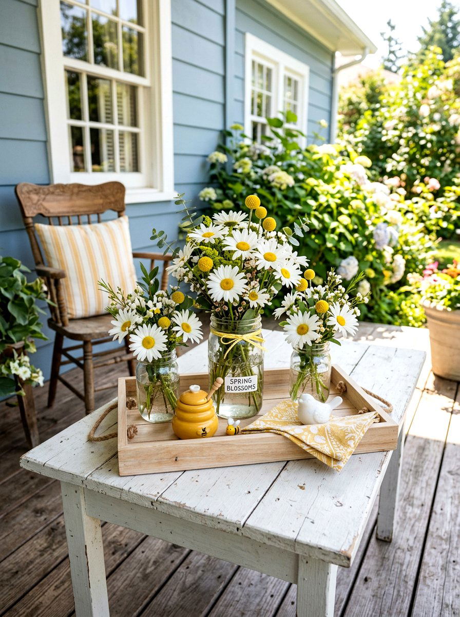 Daisy flower spring tray display - 25 Spring Farmhouse Tiered Tray Ideas