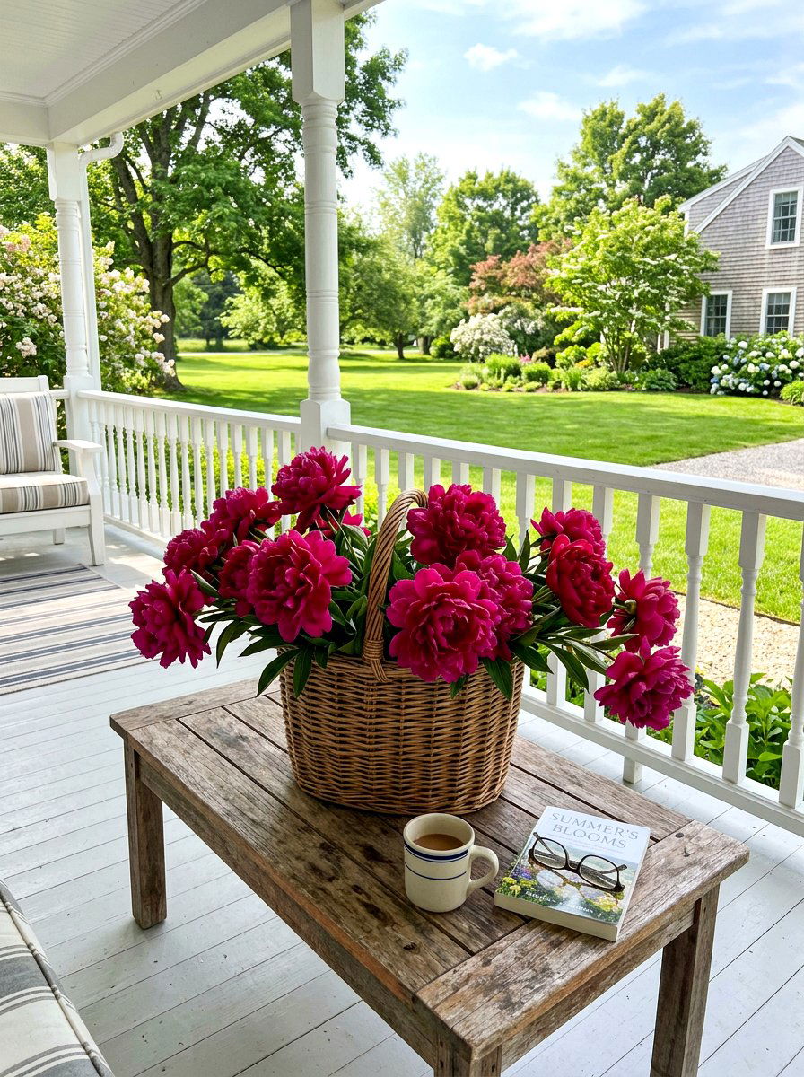 Dark pink peony in wicker basket - 25 Spring Peony Centerpiece Ideas
