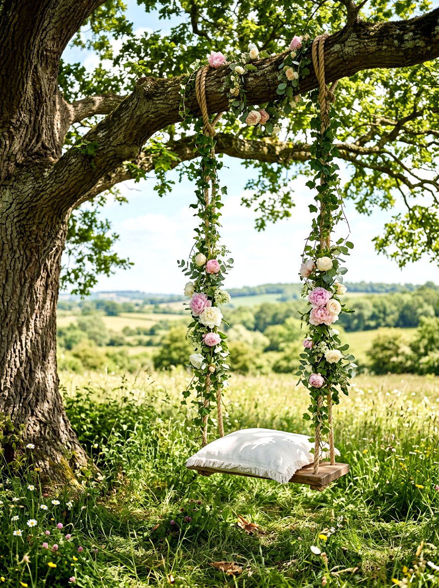 Decorated Tree Swing - 25 Spring Outdoor Party Decor Ideas