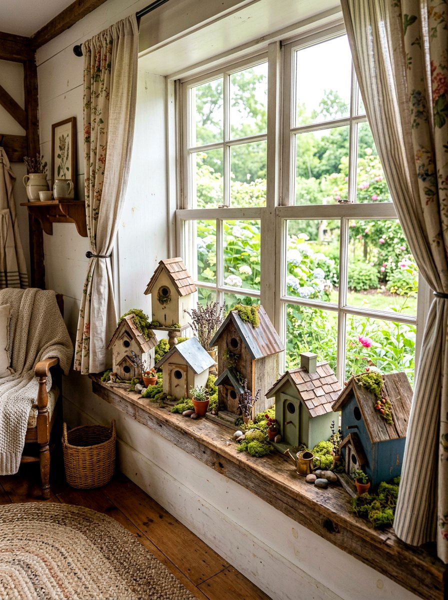 Decorative Birdhouse Display - 25 Spring Bay Window Decor Ideas