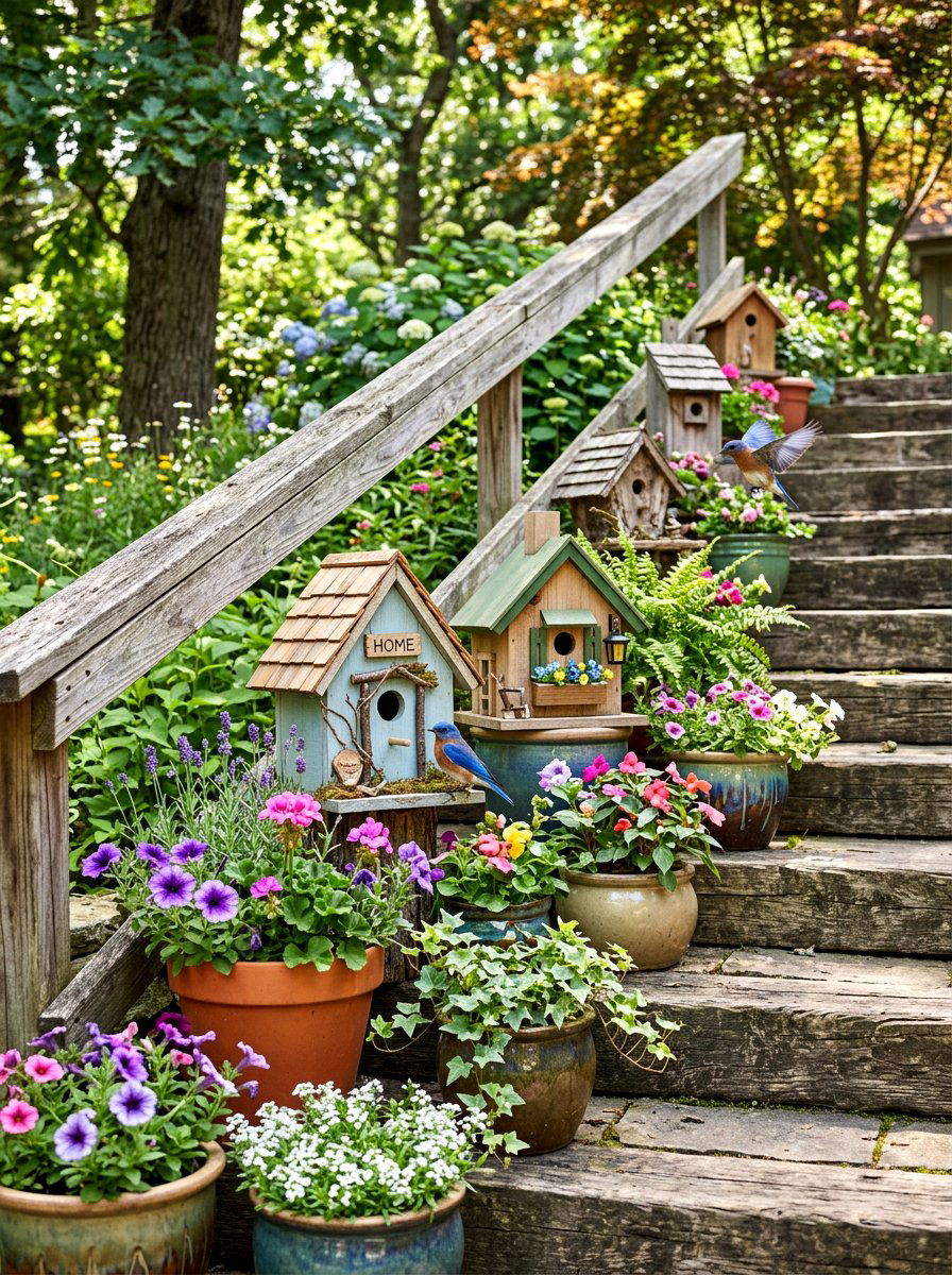 Decorative Birdhouses Near Stairs - 25 Spring Outdoor Staircase Decor Ideas