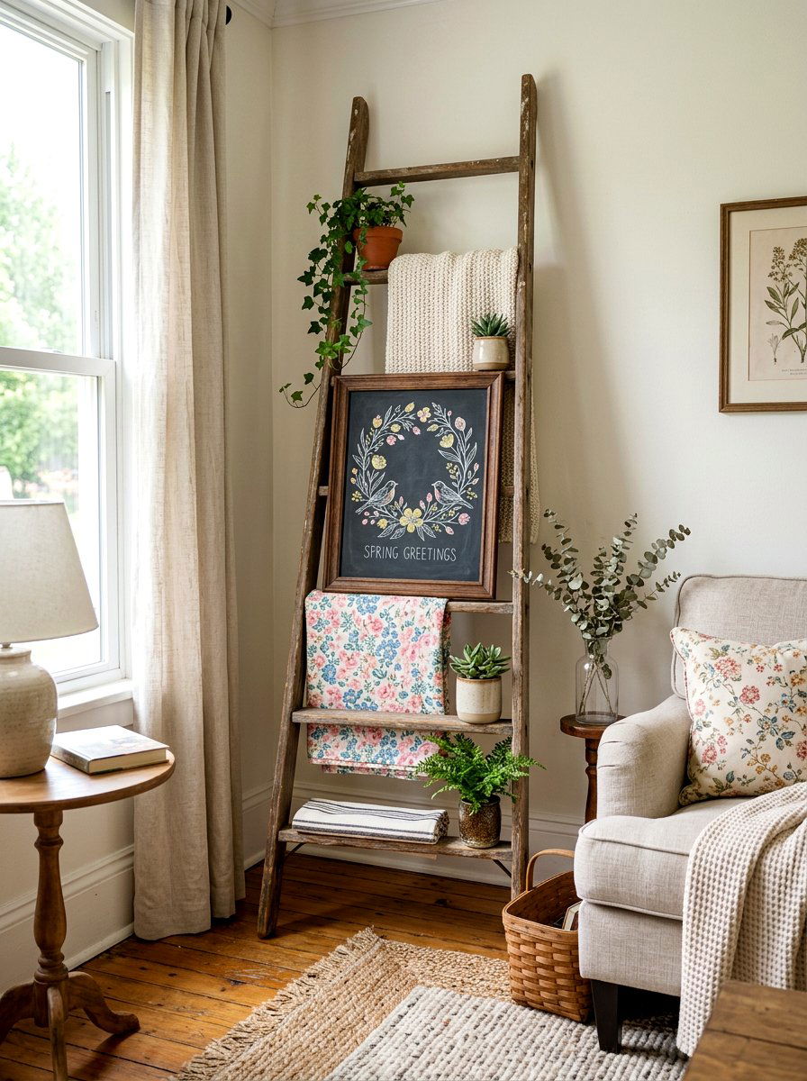 Decorative Ladder Spring Display - 25 Spring Chalkboard Sign Ideas