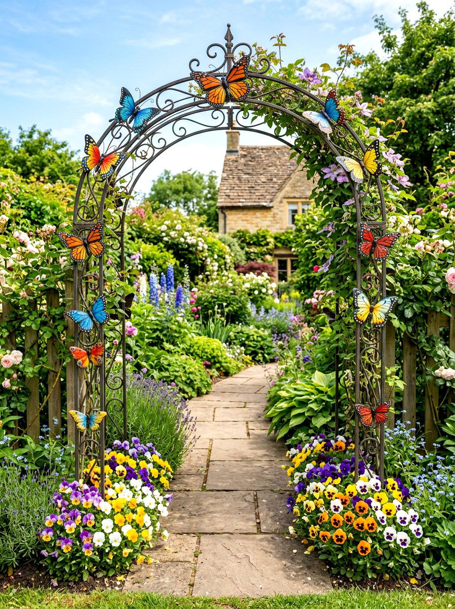 Decorative Metal Butterflies On Garden Gate - 25 Spring Garden Arbor Decor Ideas
