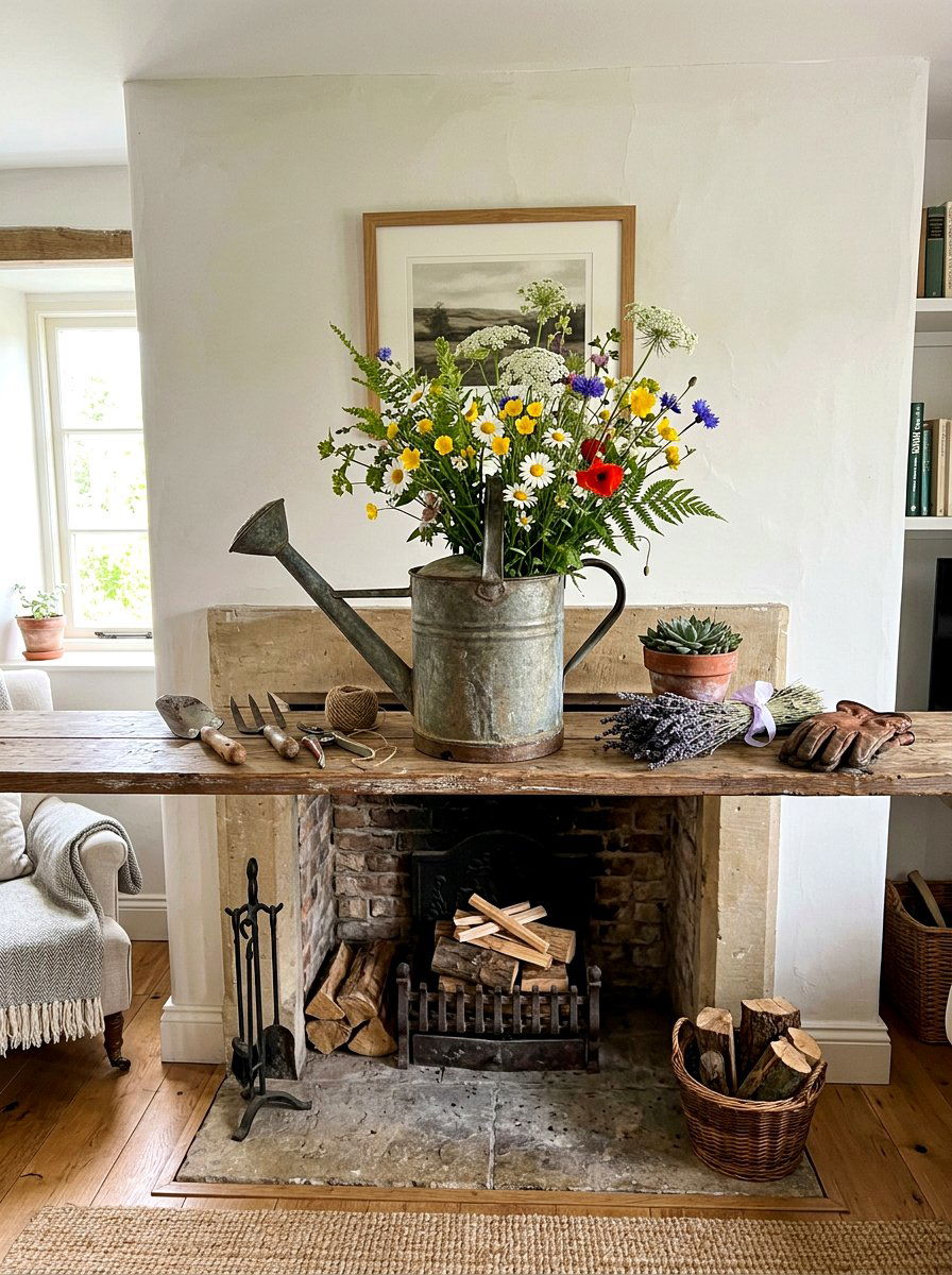 Decorative Watering Can - 25 Spring Living Room Mantel Ideas
