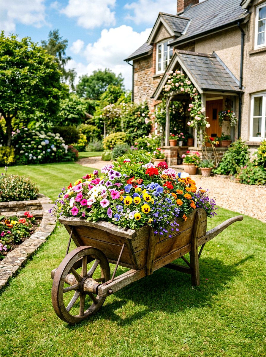 Decorative Wooden Wheelbarrow - 25 Spring Wooden Garden Decor Ideas
