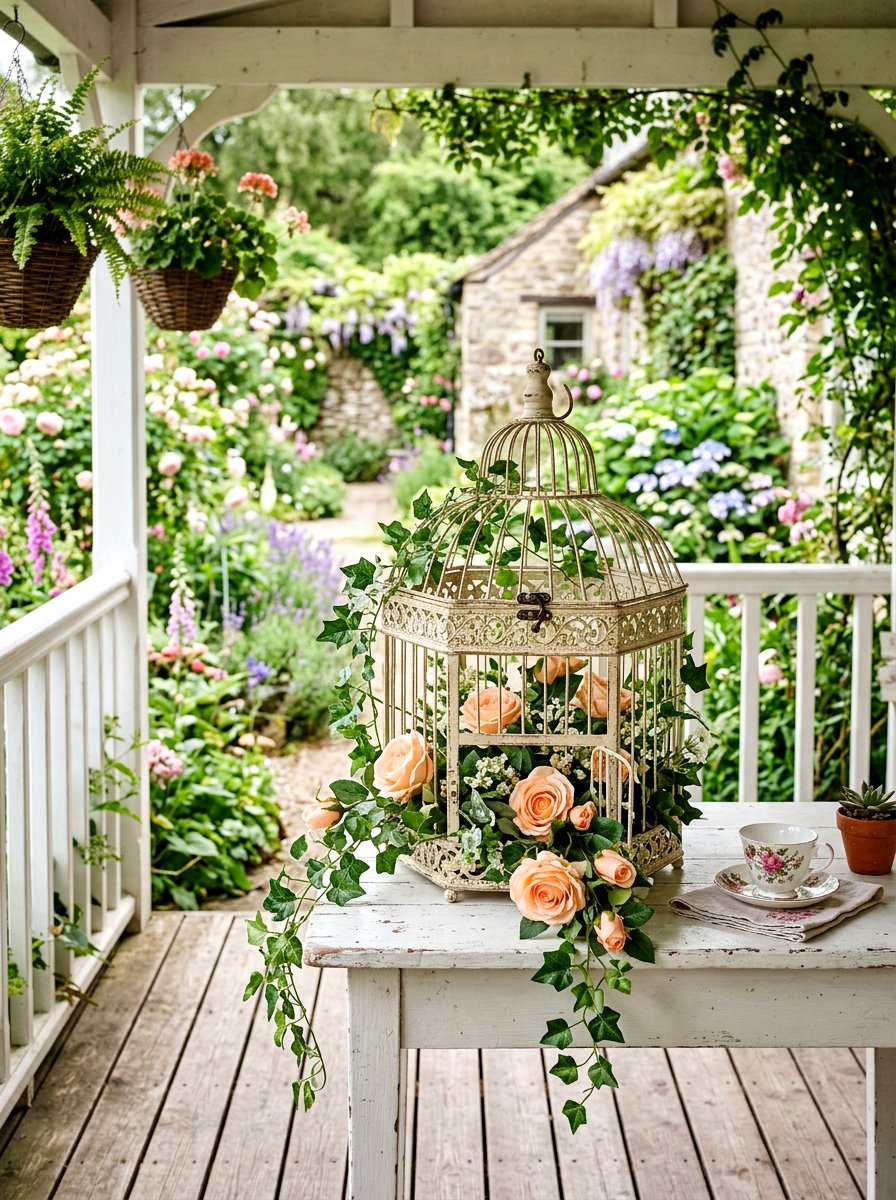 Decorative birdcage - 25 Spring Porch Table Decor Ideas