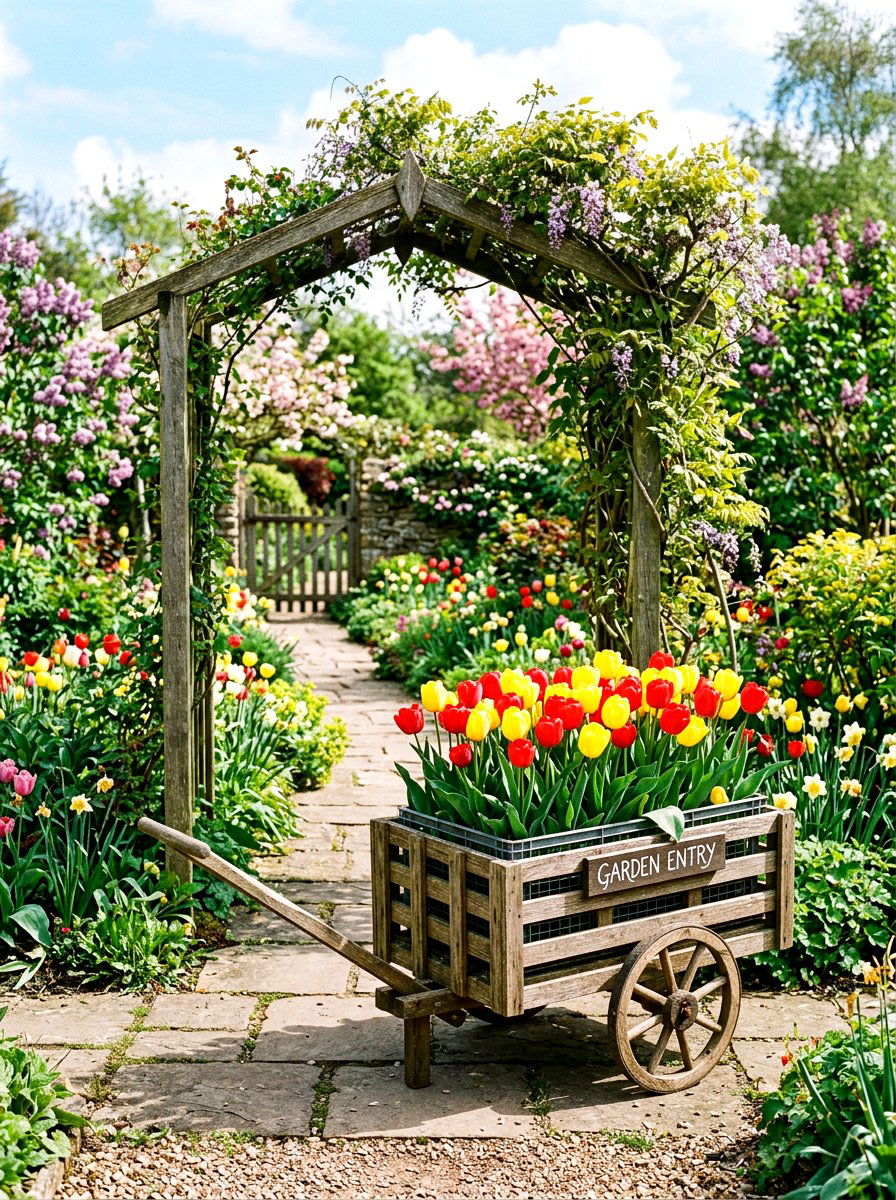 Decorative cart with tulips - 25 Spring Flower Cart Decor Ideas