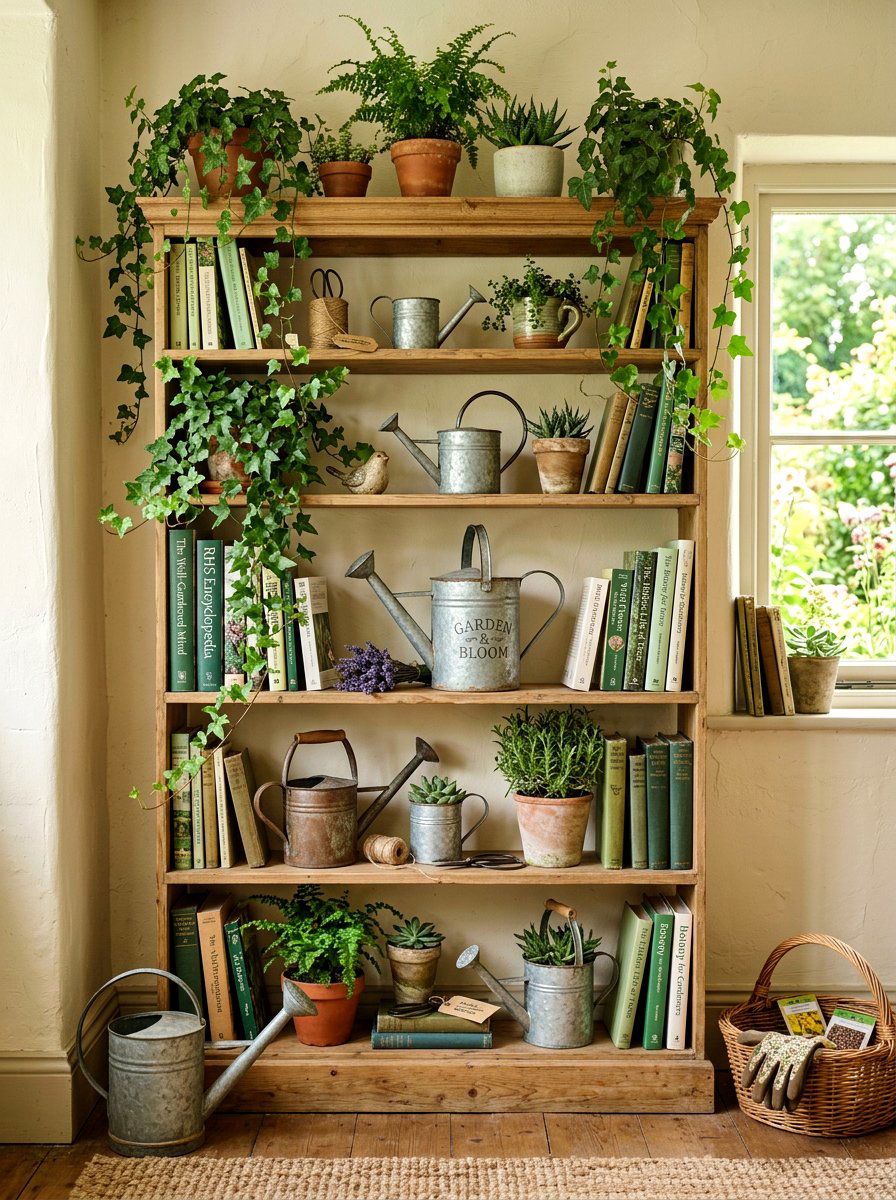 Decorative watering cans - 25 Spring Bookshelf Decor Ideas