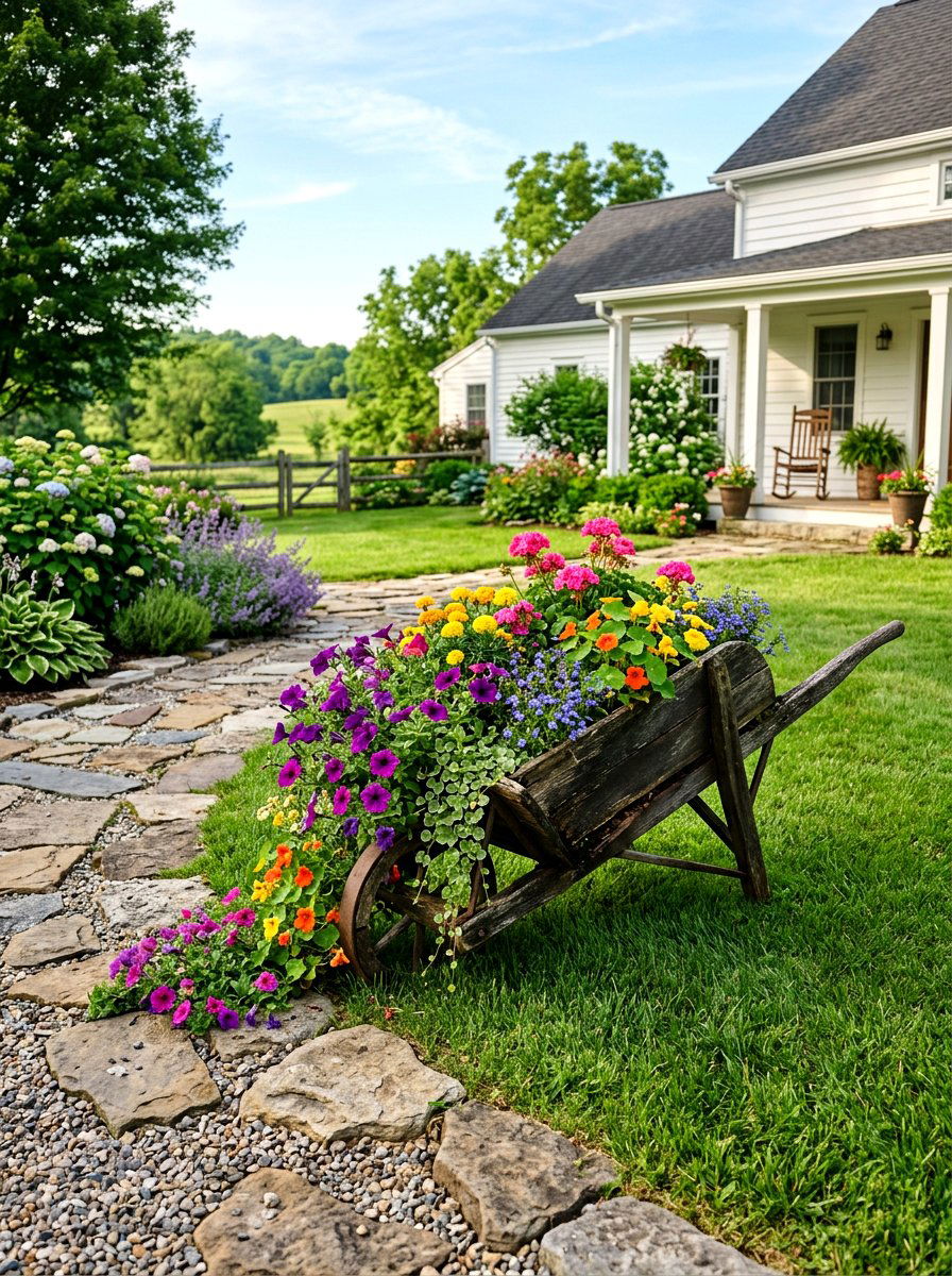 Decorative wheelbarrow planter - 25 Spring Front Yard Decor Ideas