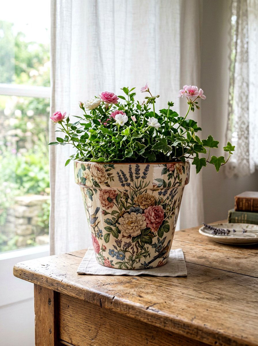 Decoupage Floral Pot - 25 Spring Decorated Pot Ideas