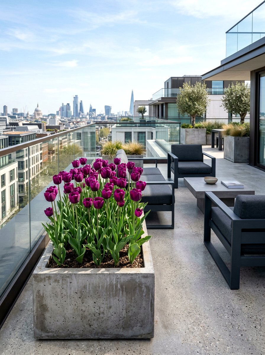 Deep purple tulips in concrete planter - 25 Spring Tulip Bulb Vase Ideas