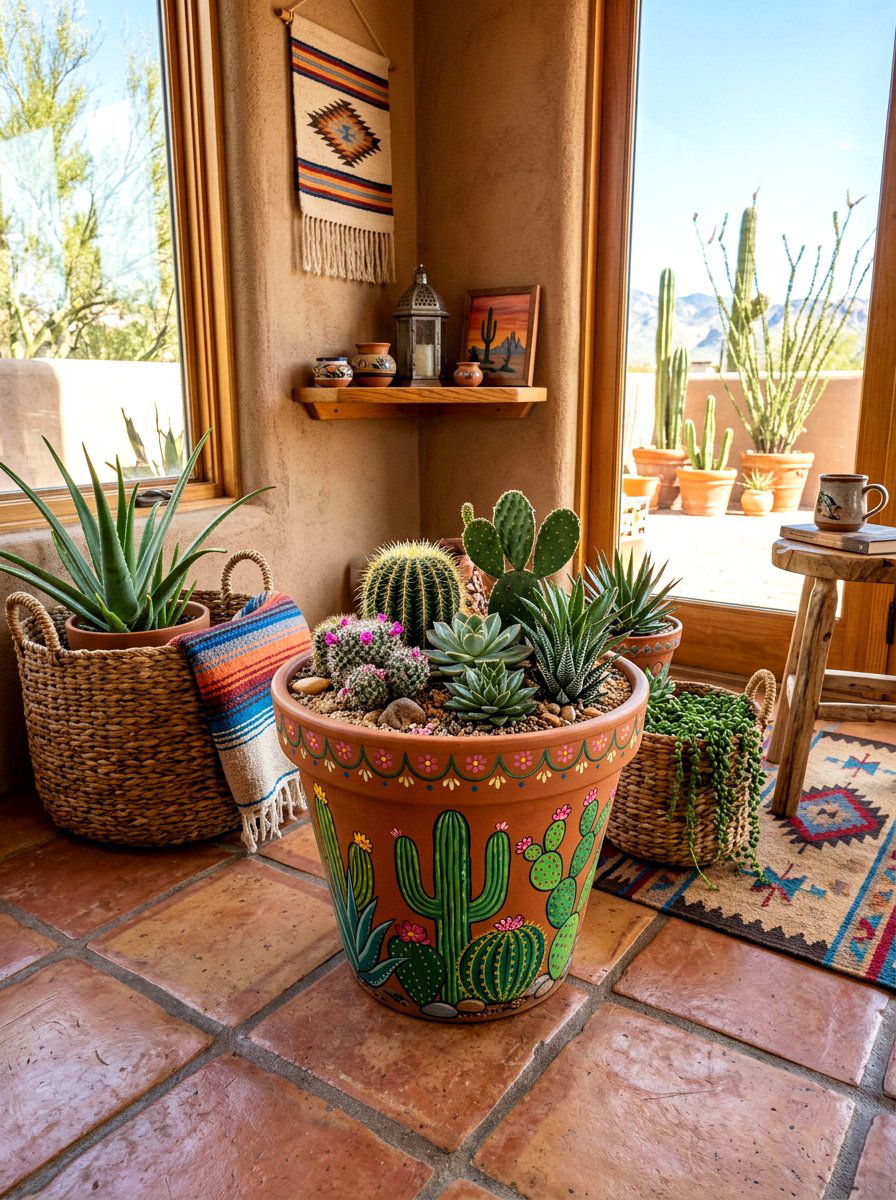 Desert cactus painted pot - 25 Spring Pot Painting Ideas