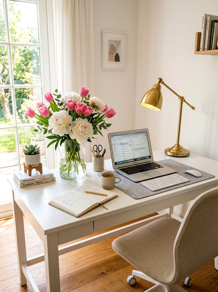 Desk With Fresh Flowers - 25 Spring Home Office Decor Ideas
