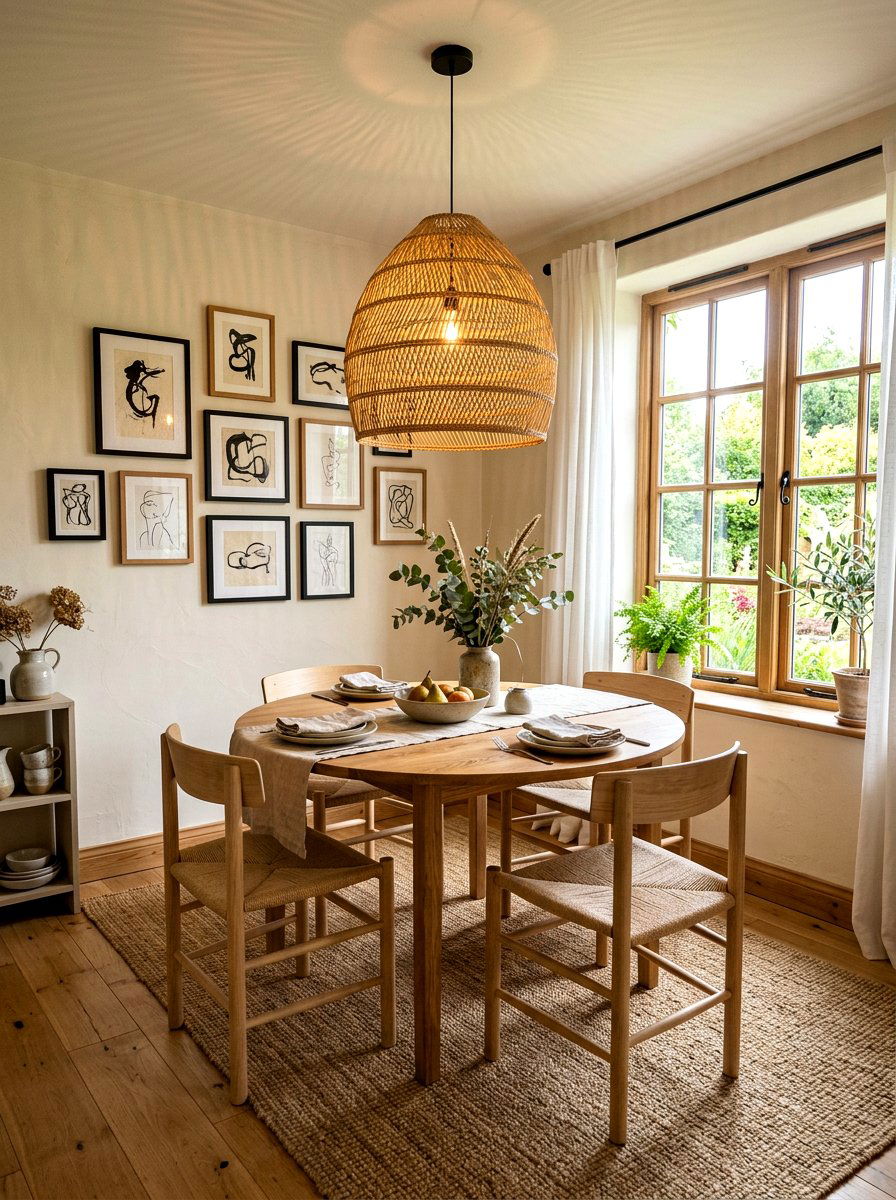 Dining Nook With Handwoven Reed Lighting - 25 Spring Wabi Sabi Decor Ideas
