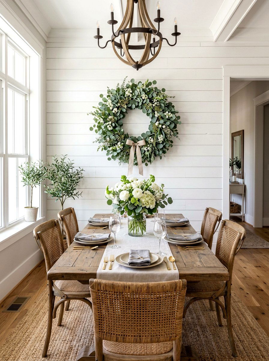 Dining Room Shiplap Wall With Spring Wreath - 25 Spring Shiplap Wall Decor Ideas