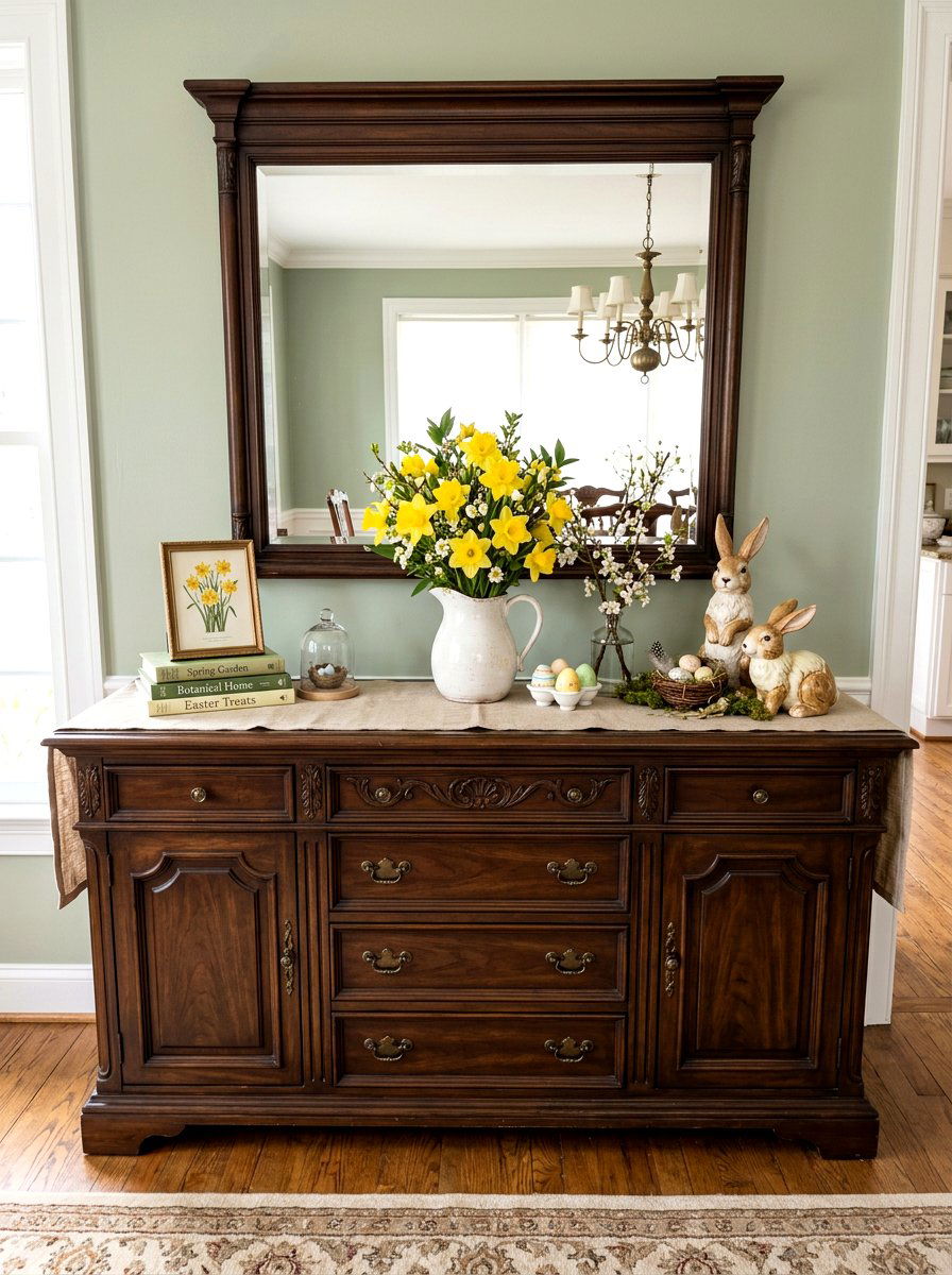 Dining Room Sideboard Spring Display - 25 Spring Vignette Styling Ideas