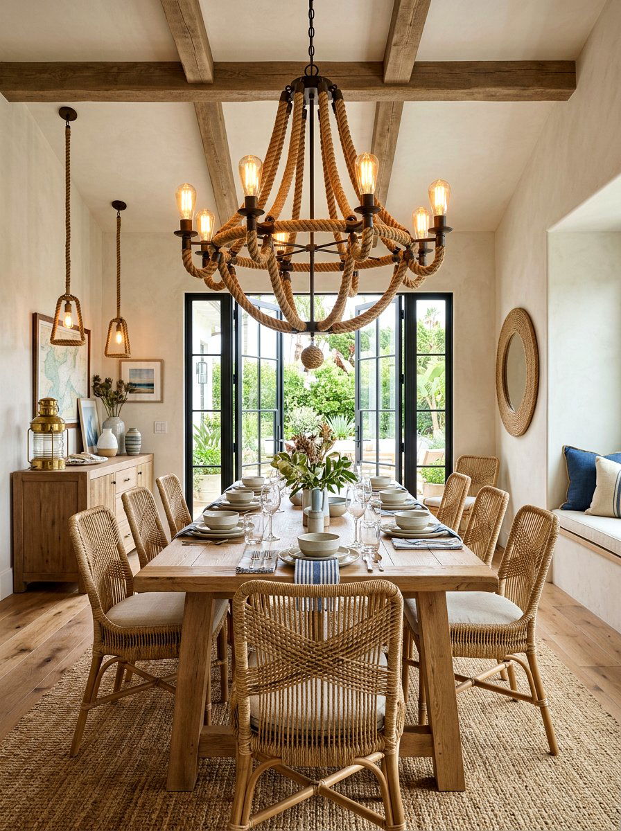 Dining Room With Rope Pendant Lighting - 25 Spring Beach House Decor Ideas