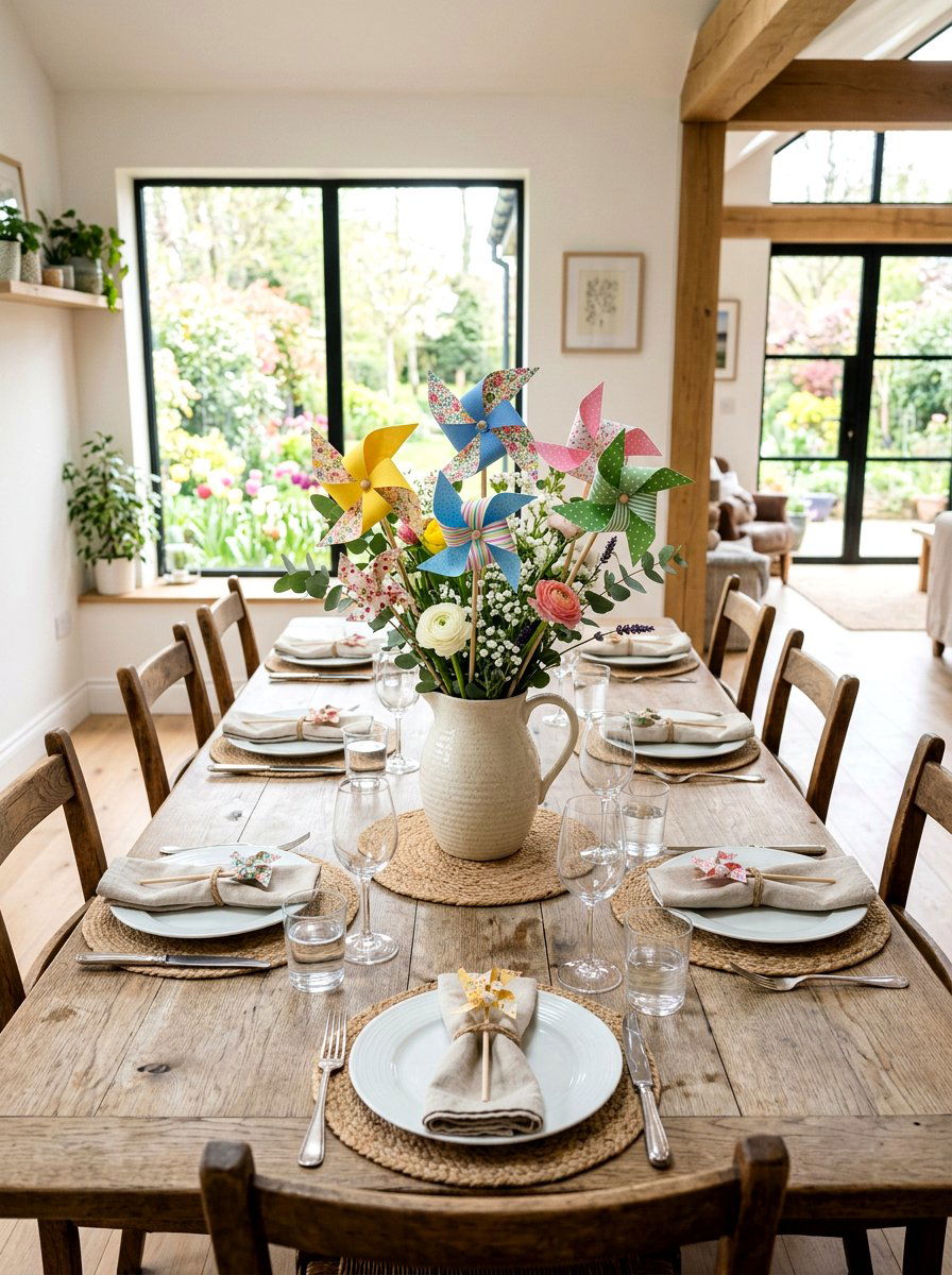 Dining Table Pinwheel Centerpiece - 25 Spring Pinwheel Decor Ideas