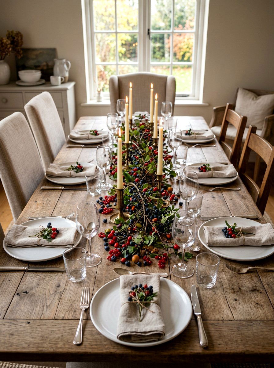 Dining Table Runner With Loose Berries - 25 Spring Berry Branch Decor Ideas