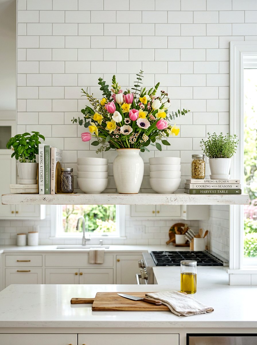Dining room shelf colorful glassware - 25 Spring Open Shelving Decor Ideas