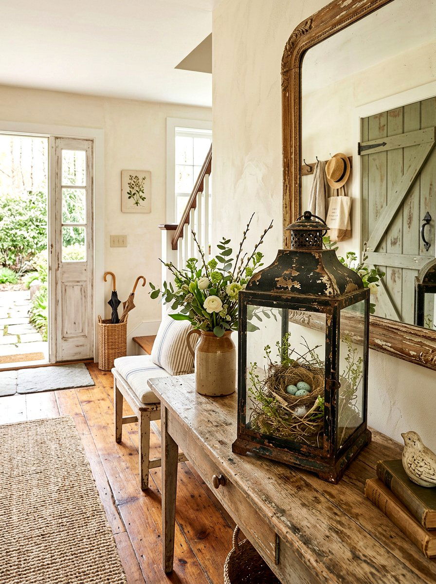 Distressed Lantern With Bird Nest - 25 Spring Lantern Centerpiece Ideas