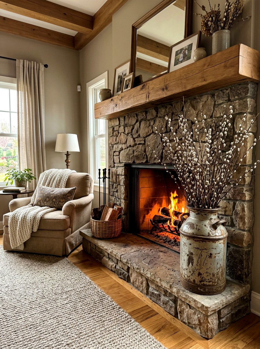 Distressed Milk Can Fireplace Hearth - 25 Spring Milk Can Decor Ideas