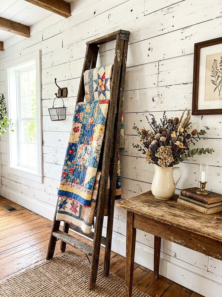 Distressed Shiplap Wall With Vintage Ladder - 25 Spring Shiplap Wall Decor Ideas