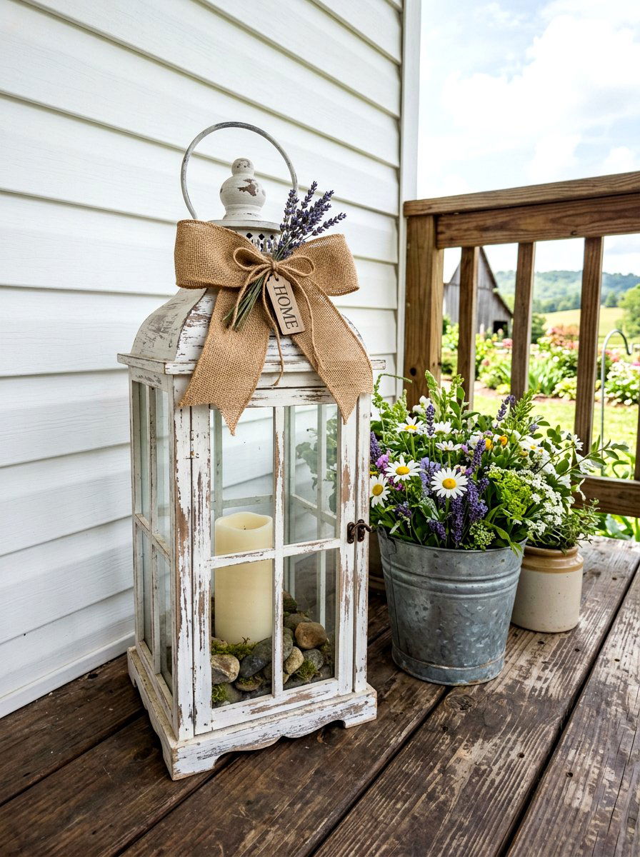 Distressed White Lantern Decor - 25 Spring Porch Lantern Ideas