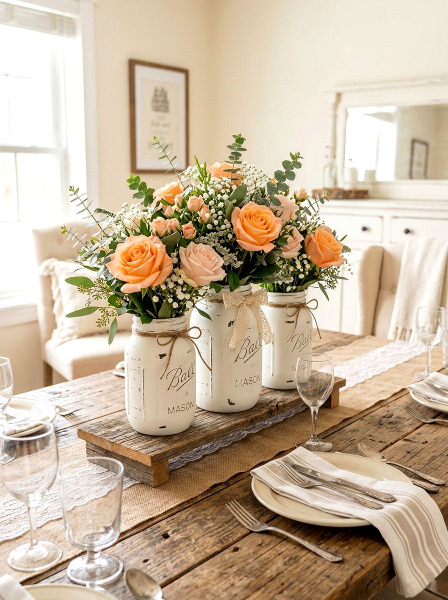 Distressed White Mason Jar - 25 Spring Mason Jar Centerpiece Ideas