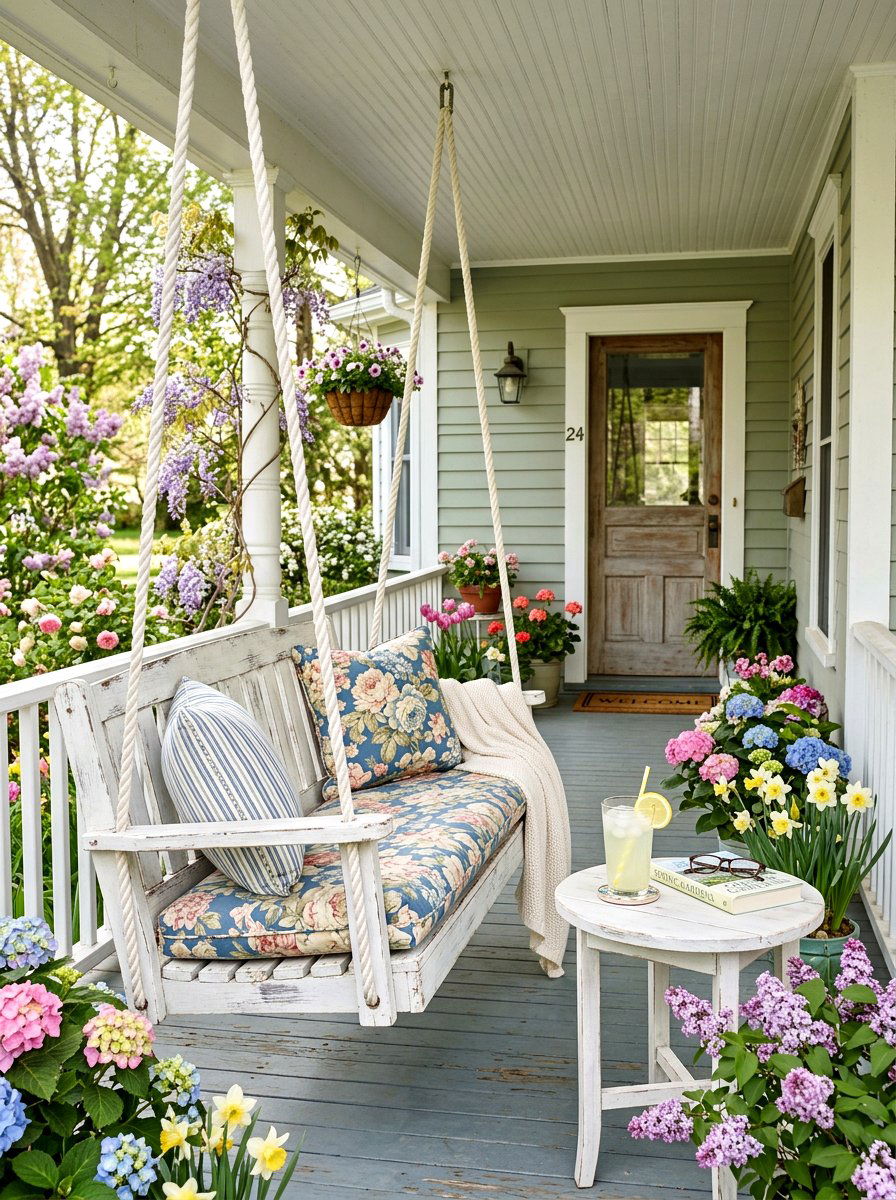 Distressed White Porch Swing - 25 Spring Shabby Chic Decor Ideas