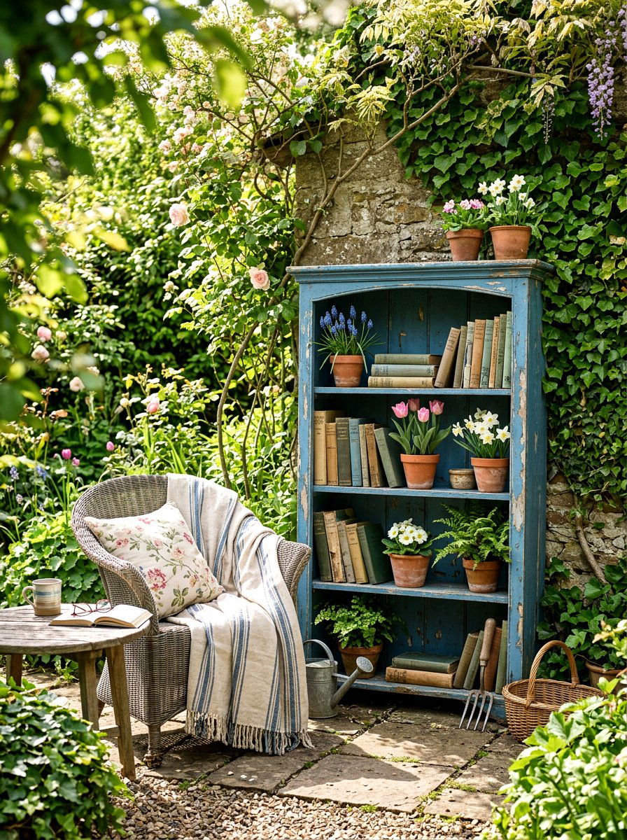 Distressed Wood Bookshelf - 25 Spring Outdoor Shelf Decor Ideas