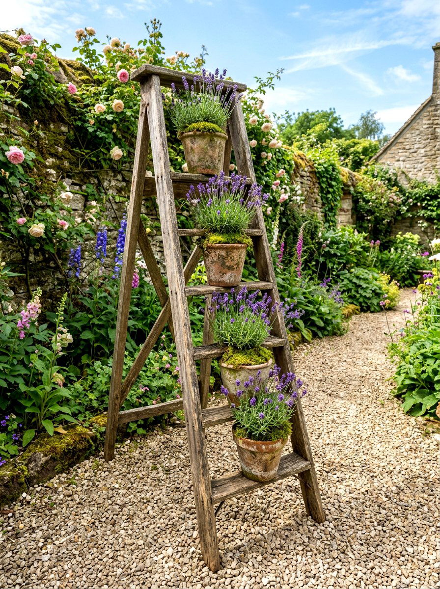 Distressed Wood Ladder Planter - 25 Spring Garden Ladder Display Ideas