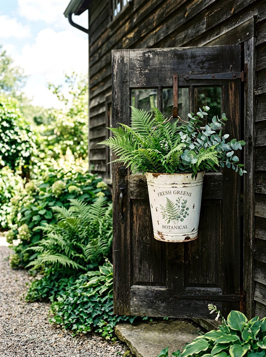 Distressed white bucket with greenery - 25 Spring Flower Bucket Door Ideas