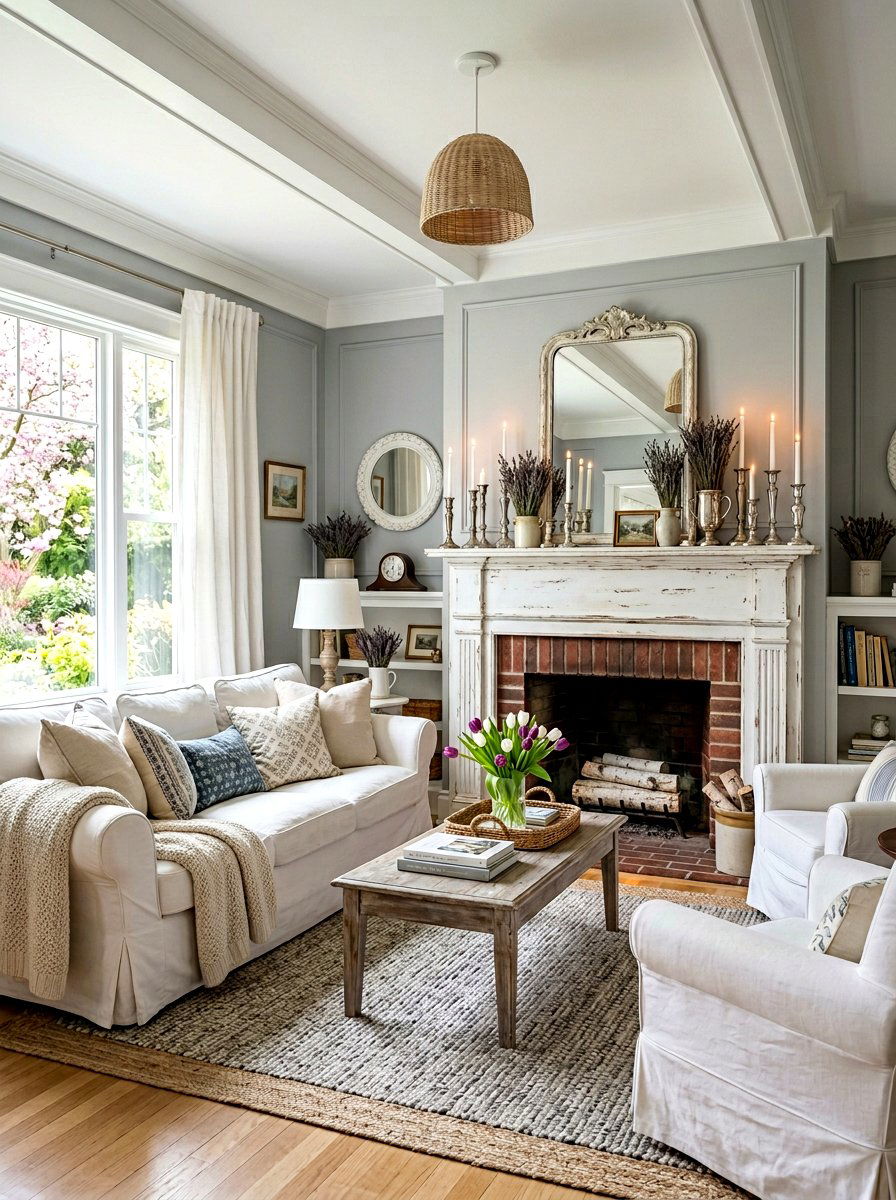 Distressed white mantel - 25 Spring Vintage Decor Ideas