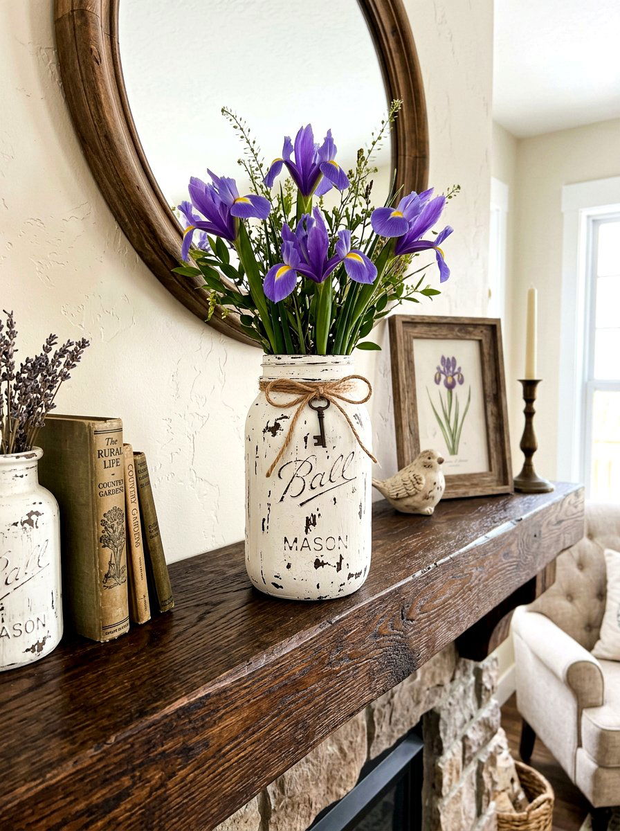 Distressed white mason jar decor - 25 Spring Mason Jar Vase Ideas