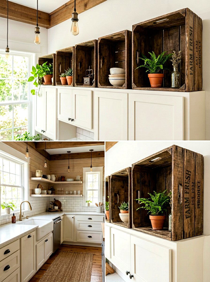 Distressed wooden crates - 25 Spring Above Cabinet Decor Ideas