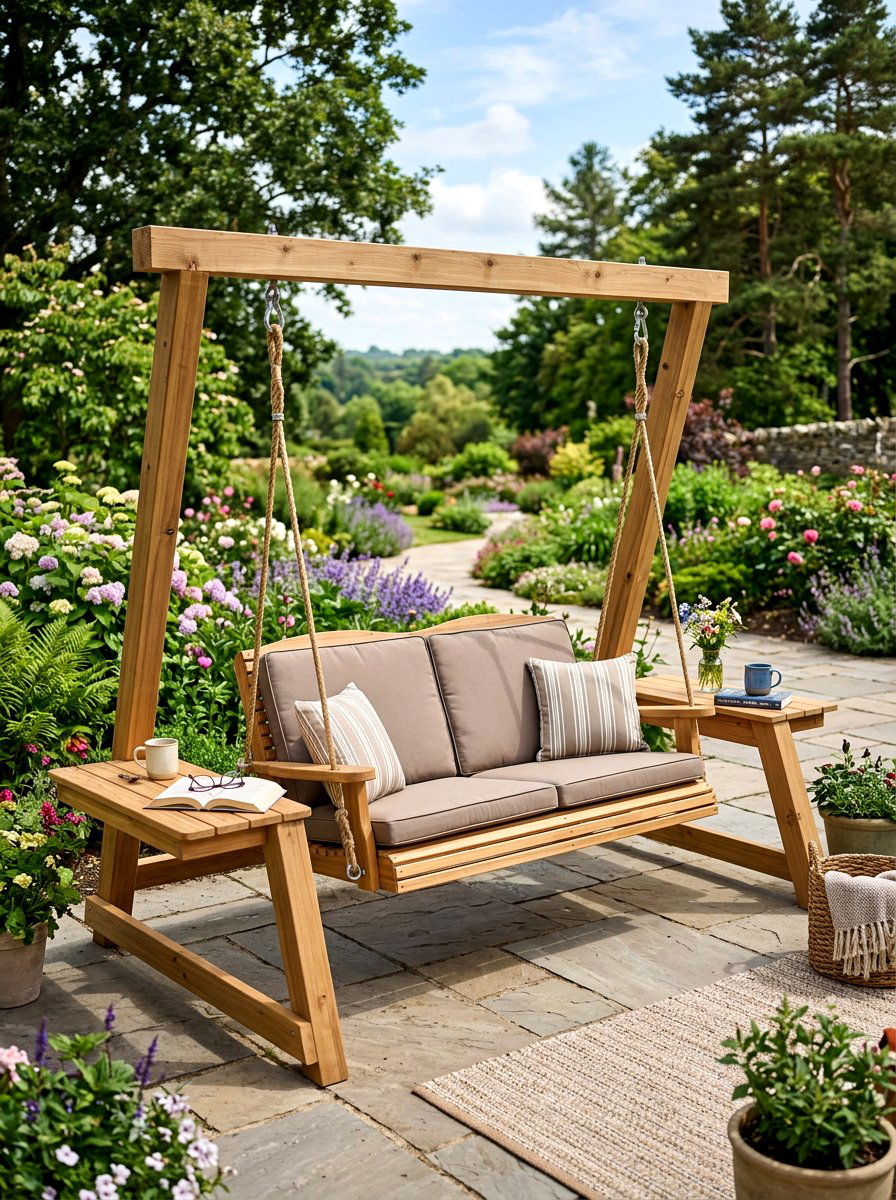 Double Seater Swing Side Tables - 25 Spring Garden Swing Decor Ideas