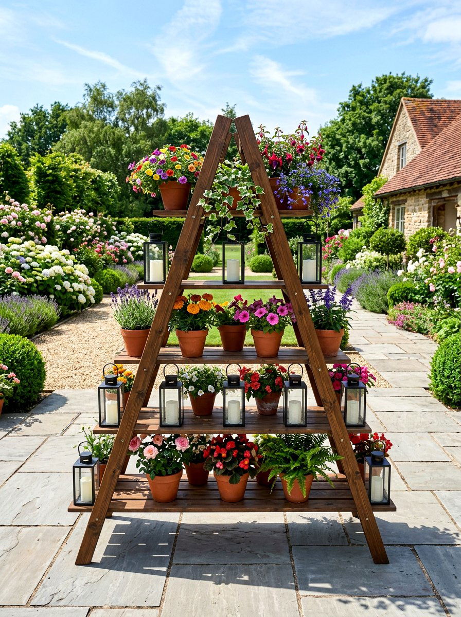 Double Sided A Frame Plant Ladder - 25 Spring Garden Ladder Display Ideas