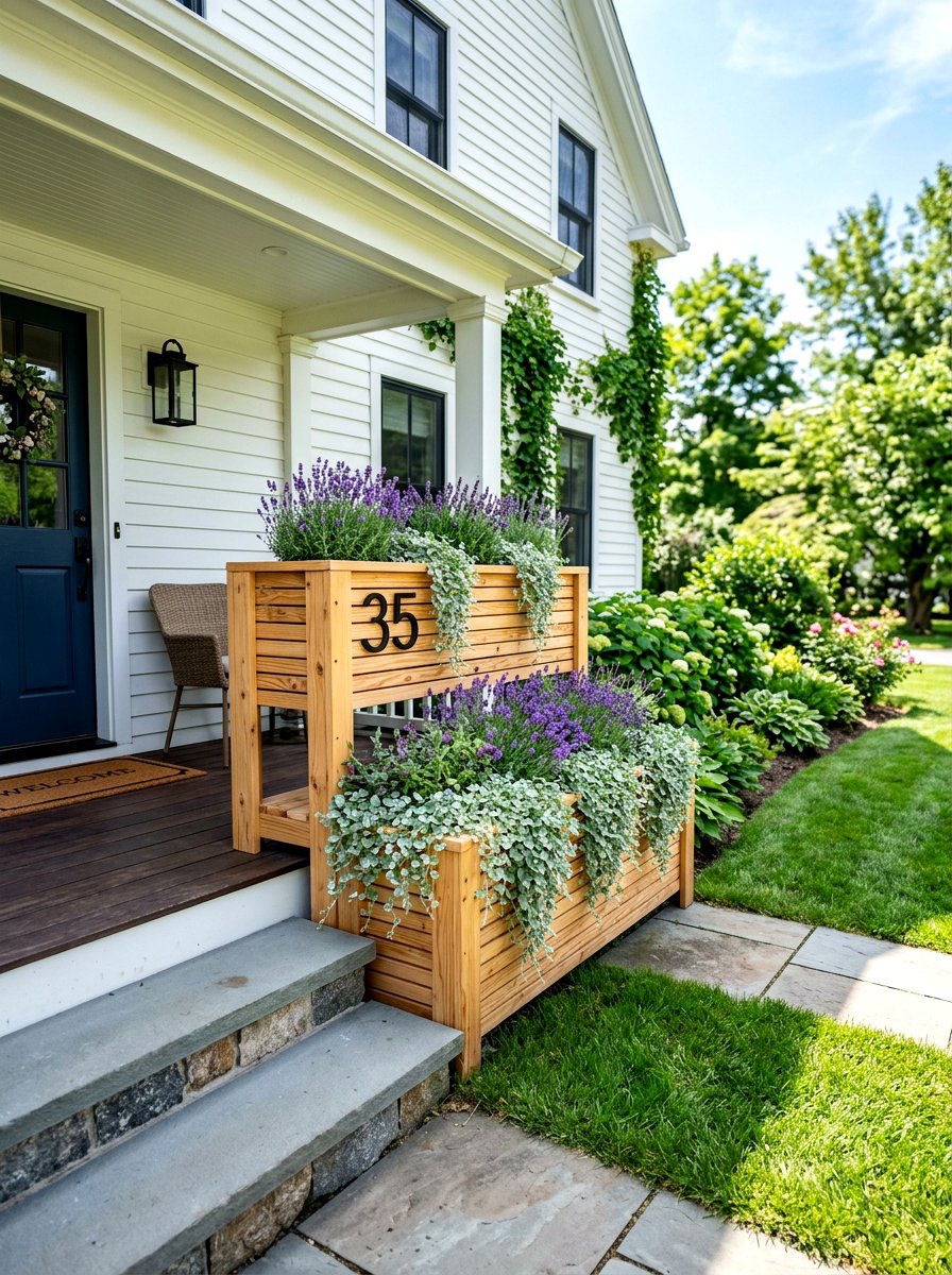 Double Tiered Wooden Porch Planter - 25 Spring Address Planter Ideas