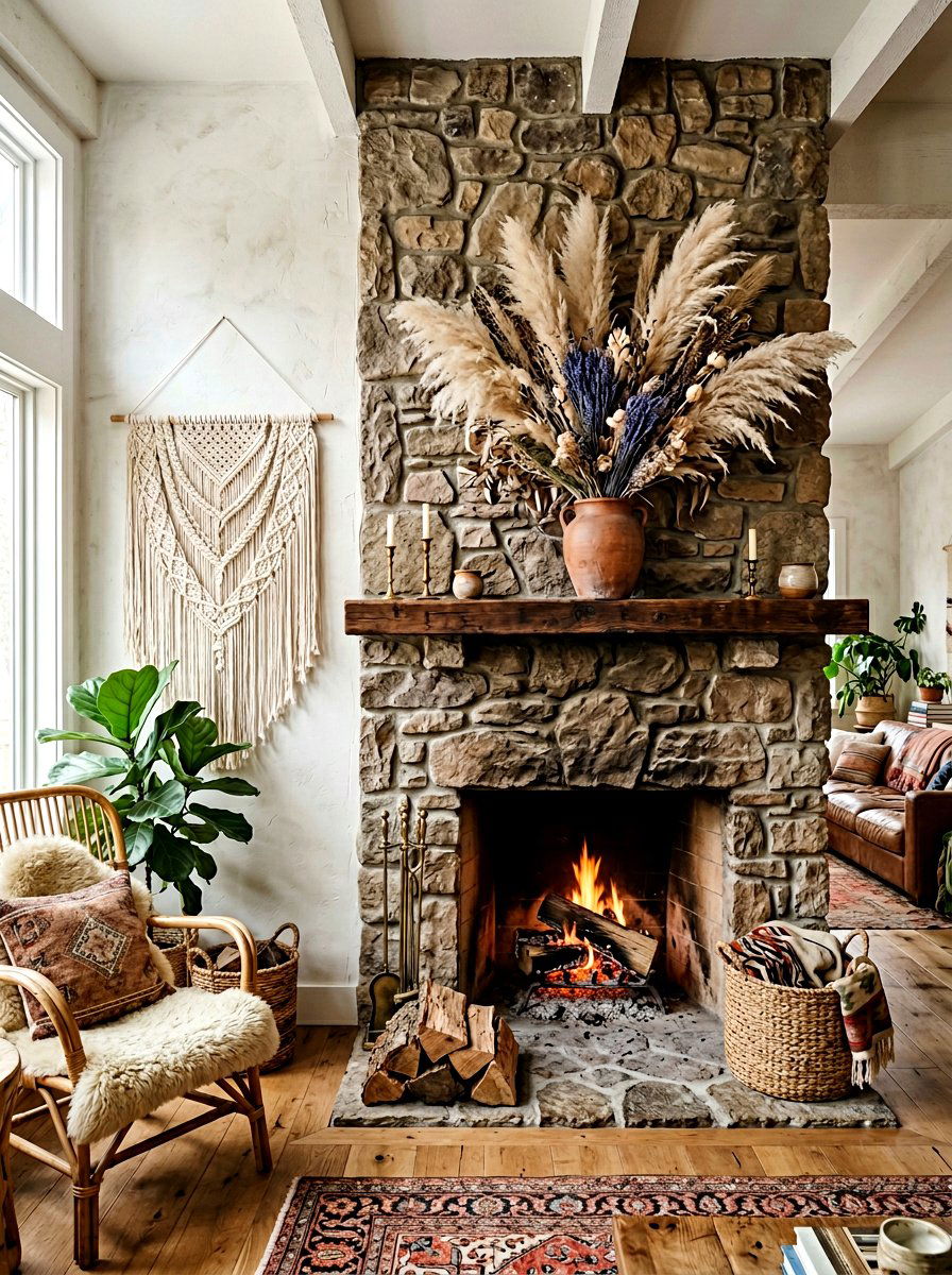 Dried Floral Mantel - 25 Spring Stone Fireplace Decor Ideas