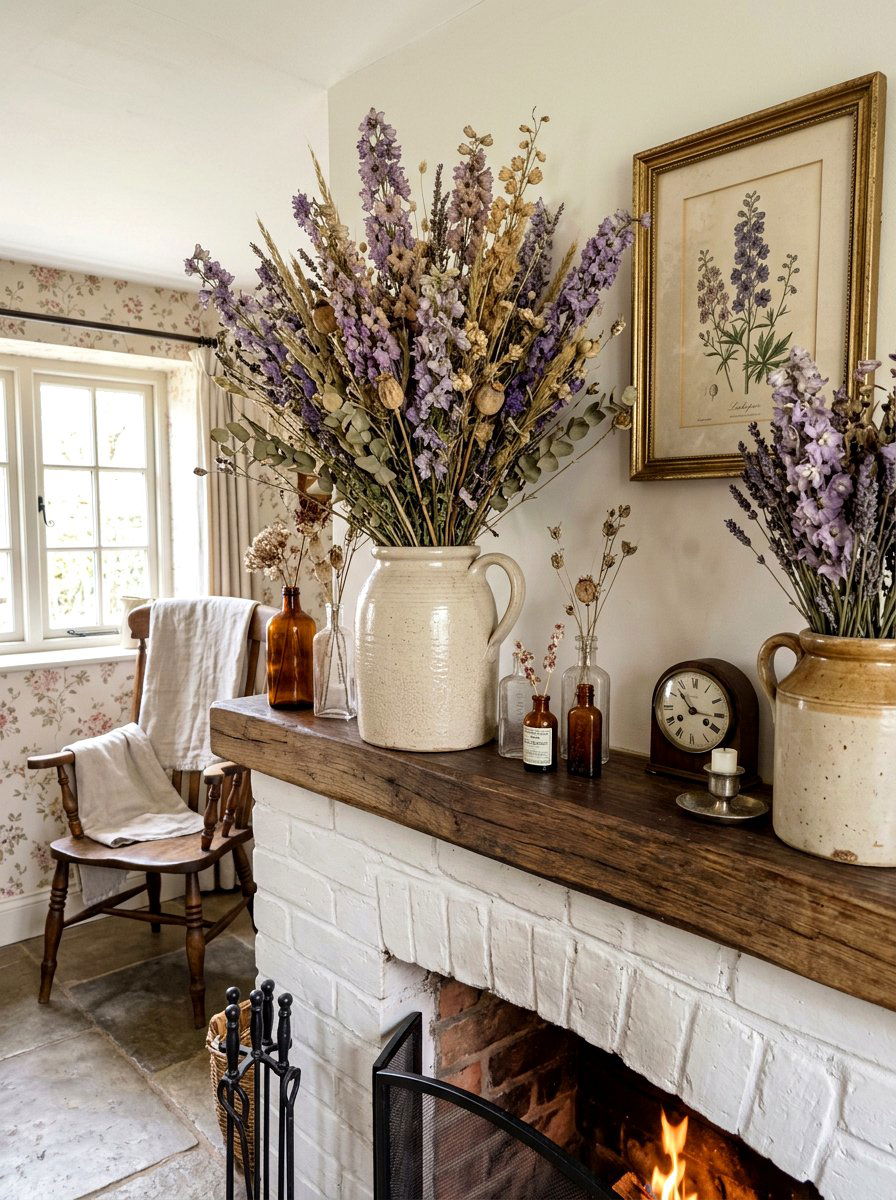 Dried Flower Arrangement - 25 Spring Cottage Mantel Ideas
