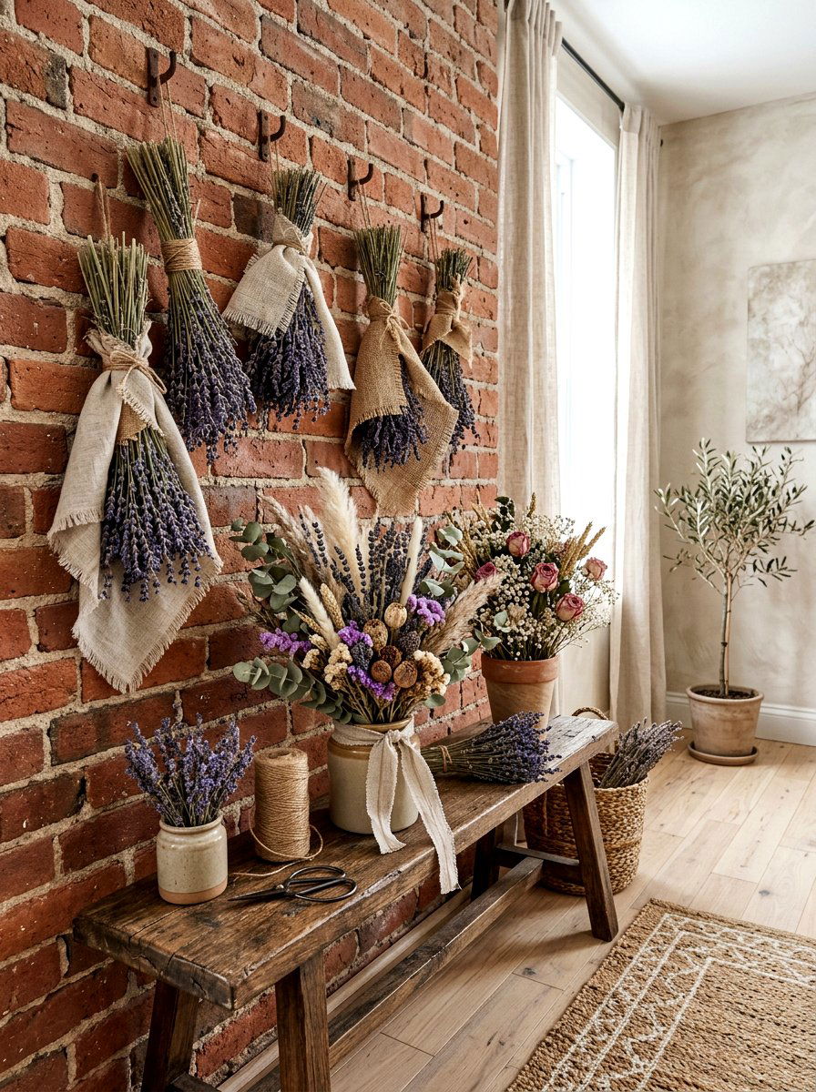Dried Flower Bouquet Wall Display - 25 Spring Brick Wall Decor Ideas