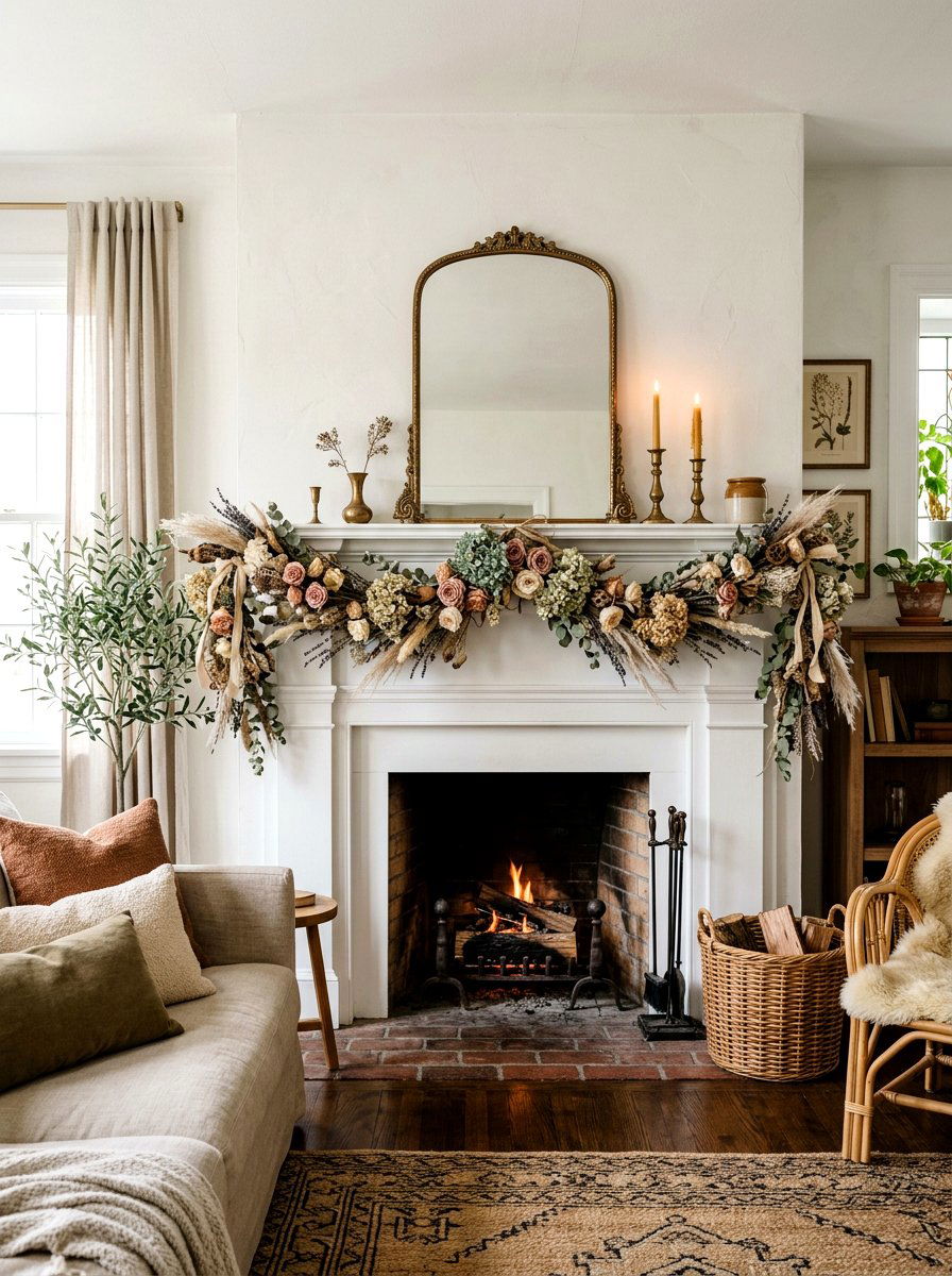 Dried Flower Garland - 25 Spring Mantel Garland Ideas
